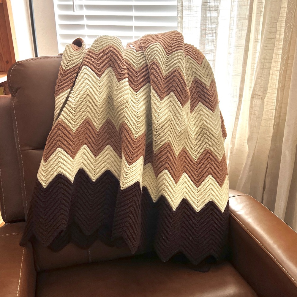 Vintage Hand Knit Afghan Blanket Handmade Chevron Pattern Browns Tans Cream